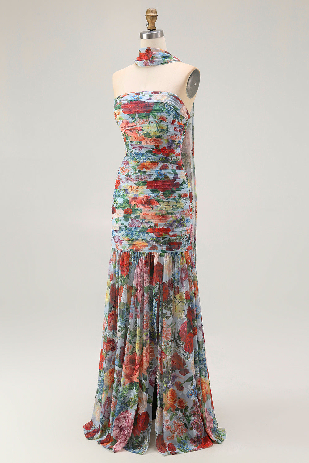 Strapless Blue Red Flower Neck Scarf Ruched Wedding Guest Dress with Slit