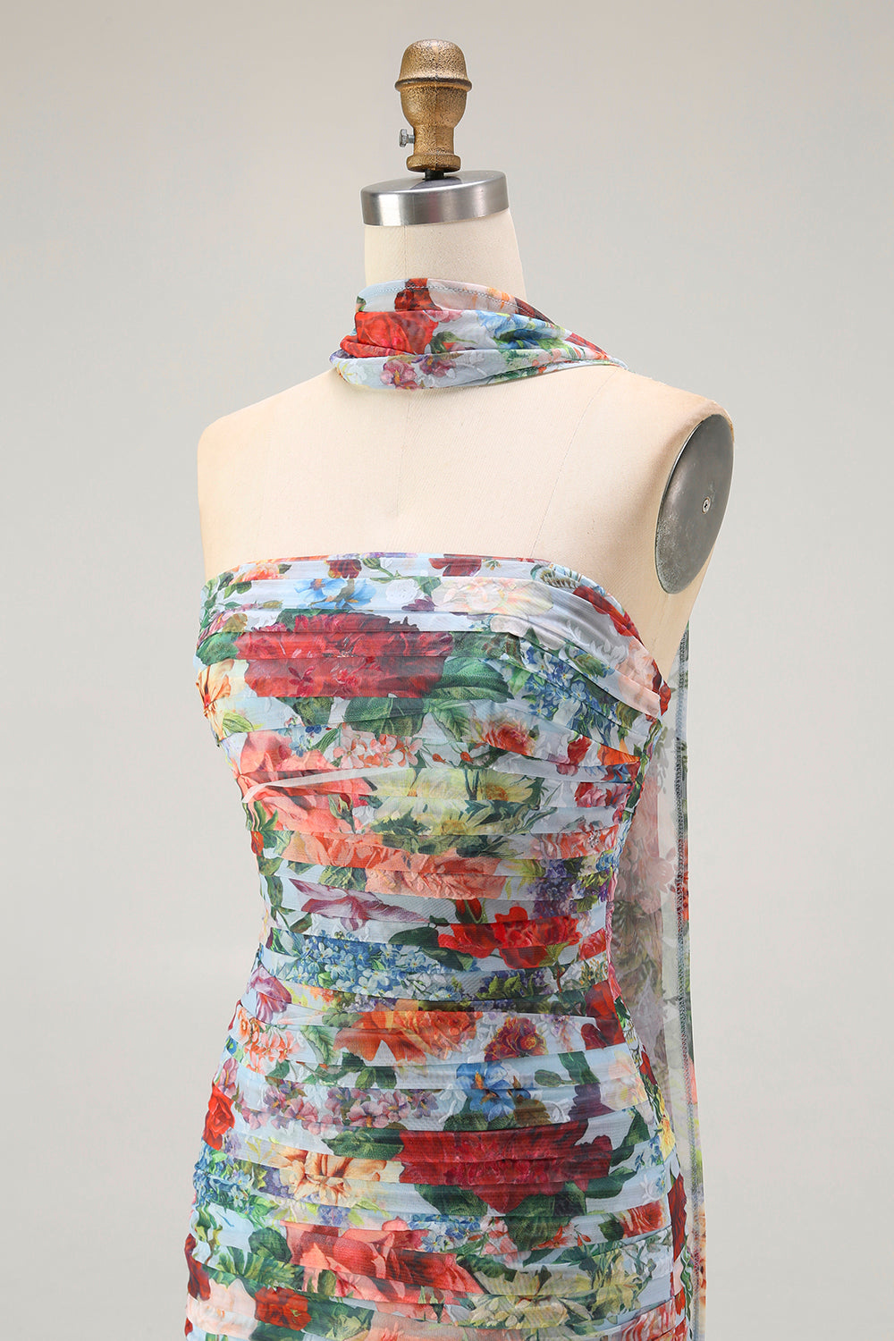 Strapless Blue Red Flower Neck Scarf Ruched Wedding Guest Dress with Slit