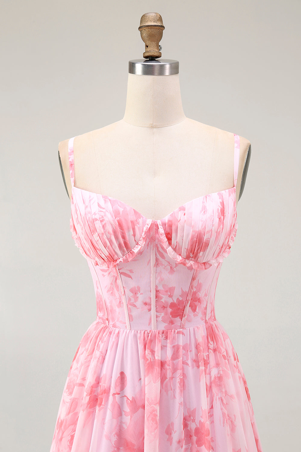 Pink Floral Corset A Line Spaghetti Straps Maxi Dress with Slit