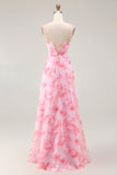 Pink Floral Cowl Neck A Line Maxi Dress with Slit