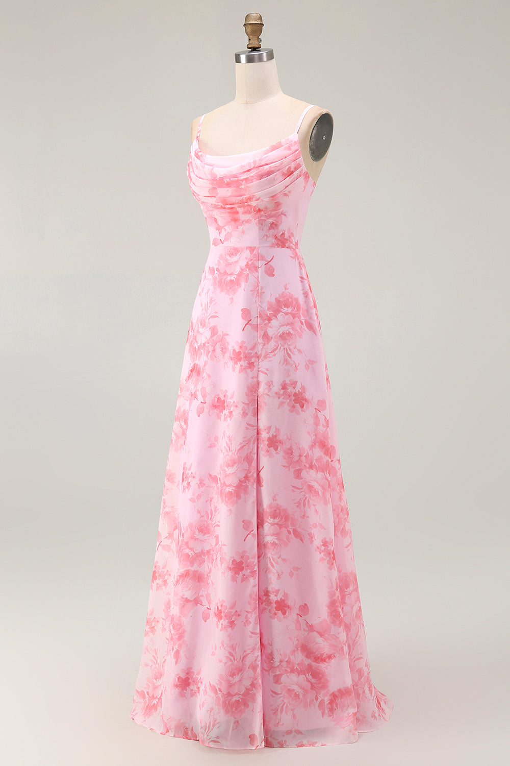 Pink Floral Cowl Neck A Line Maxi Dress with Slit