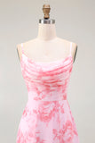 Pink Floral Cowl Neck A Line Maxi Dress with Slit