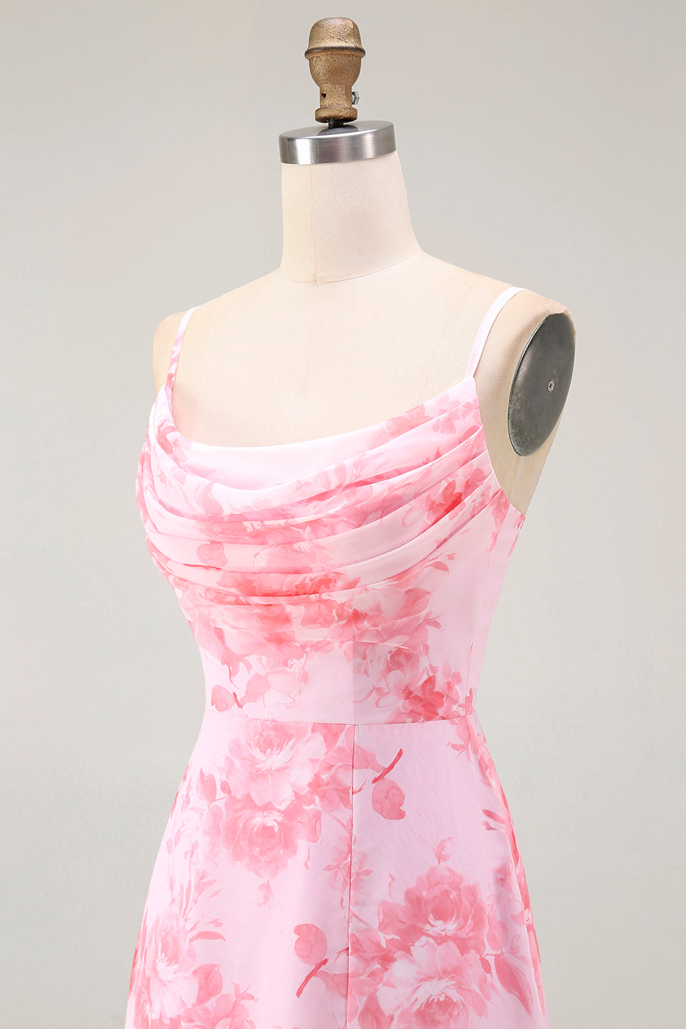 Pink Floral Cowl Neck A Line Maxi Dress with Slit