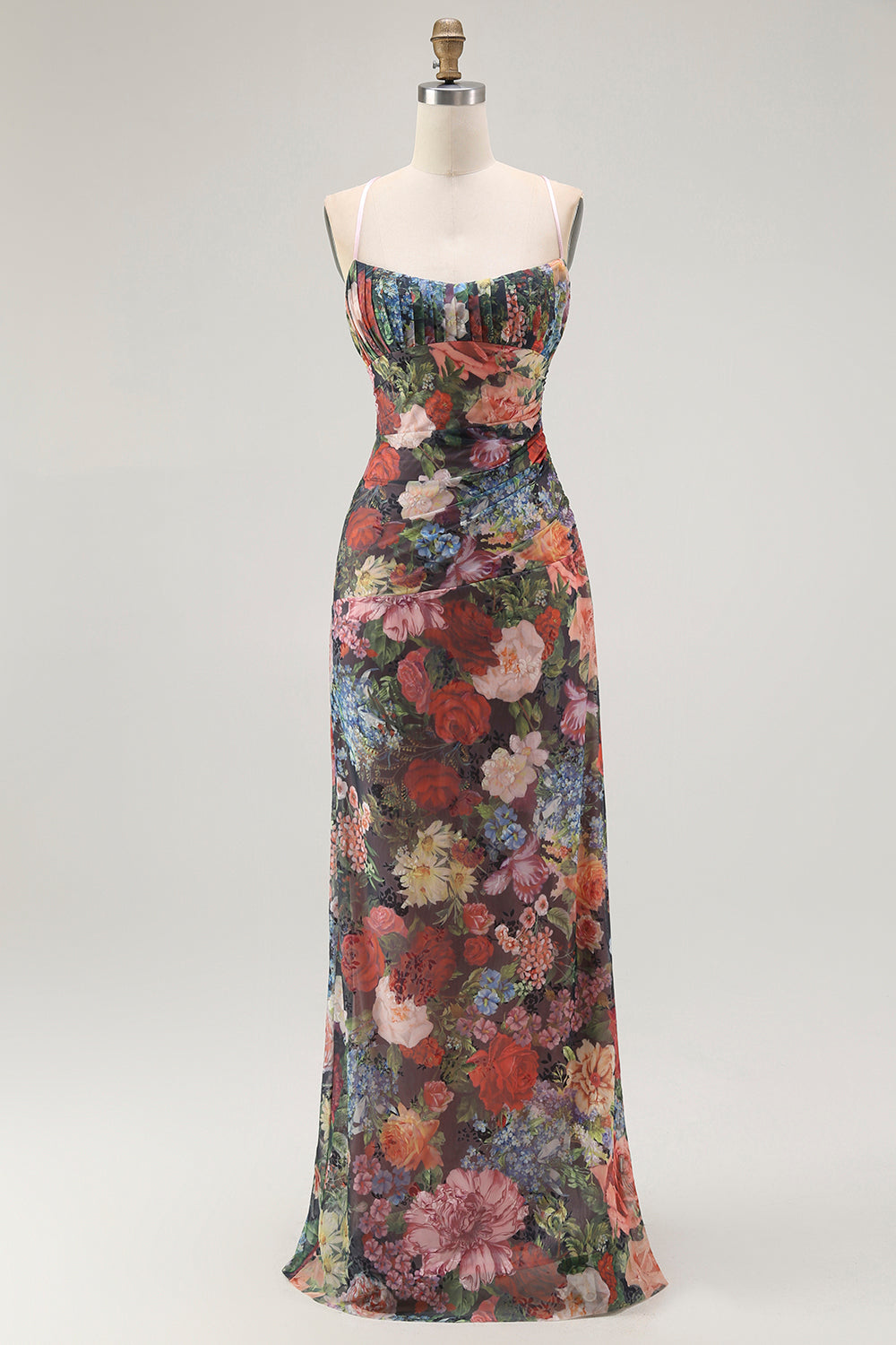 Sheath Spaghetti Straps Floral Ruched Wedding Guest Dress with Lace Up Back