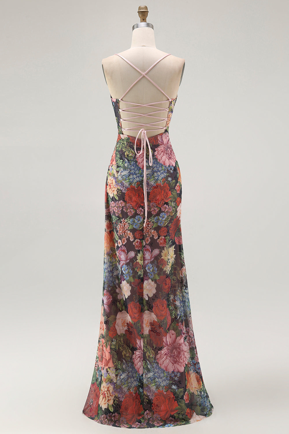 Sheath Spaghetti Straps Floral Ruched Wedding Guest Dress with Lace Up Back