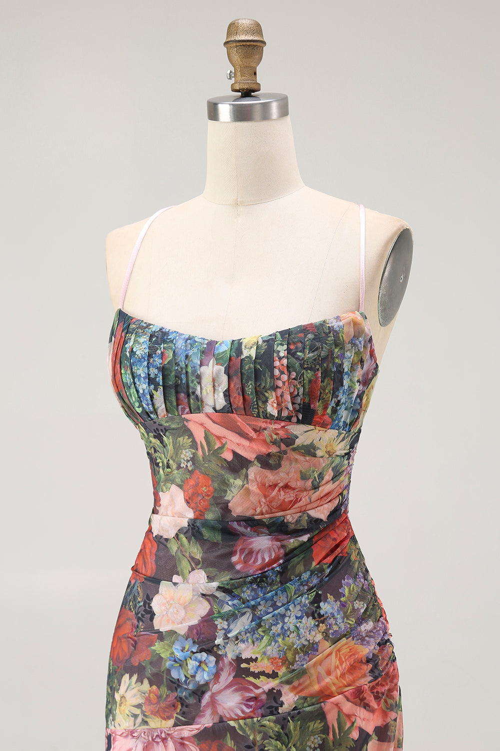 Sheath Spaghetti Straps Floral Ruched Wedding Guest Dress with Lace Up Back