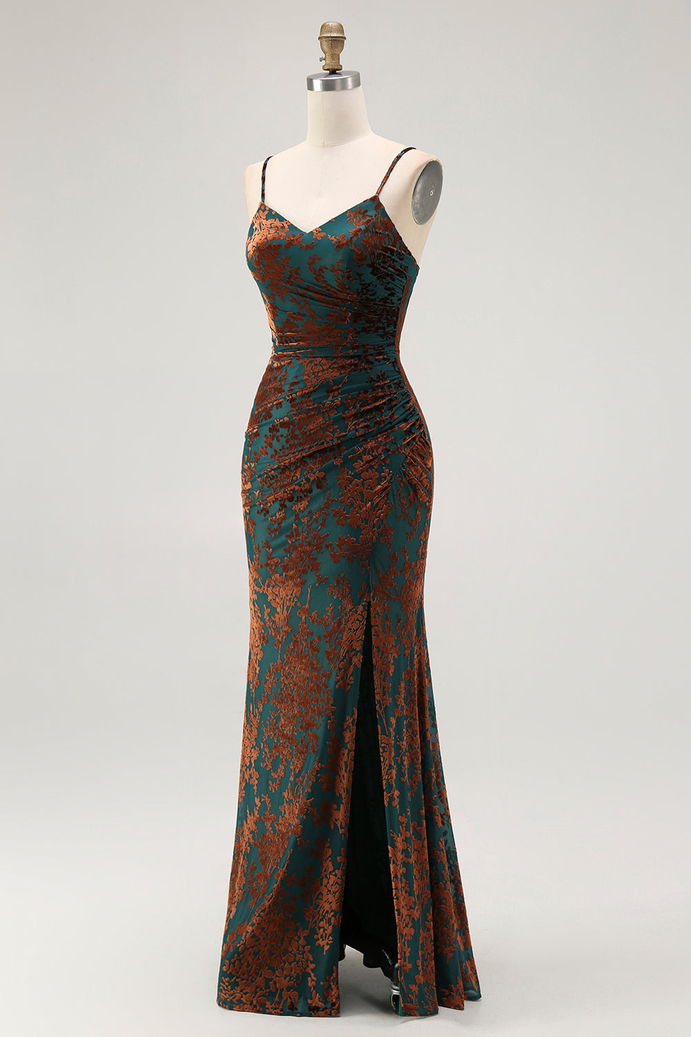 Dark Green Sheath Spaghetti Straps Velvet Burnout Maxi Dress with Slit