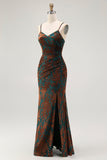 Dark Green Sheath Spaghetti Straps Velvet Burnout Maxi Dress with Slit