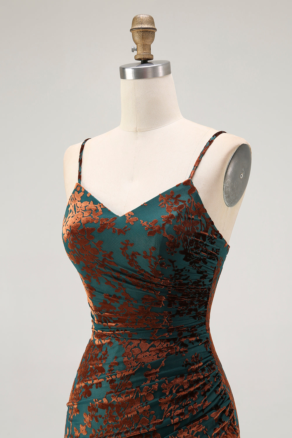 Dark Green Sheath Spaghetti Straps Velvet Burnout Maxi Dress with Slit