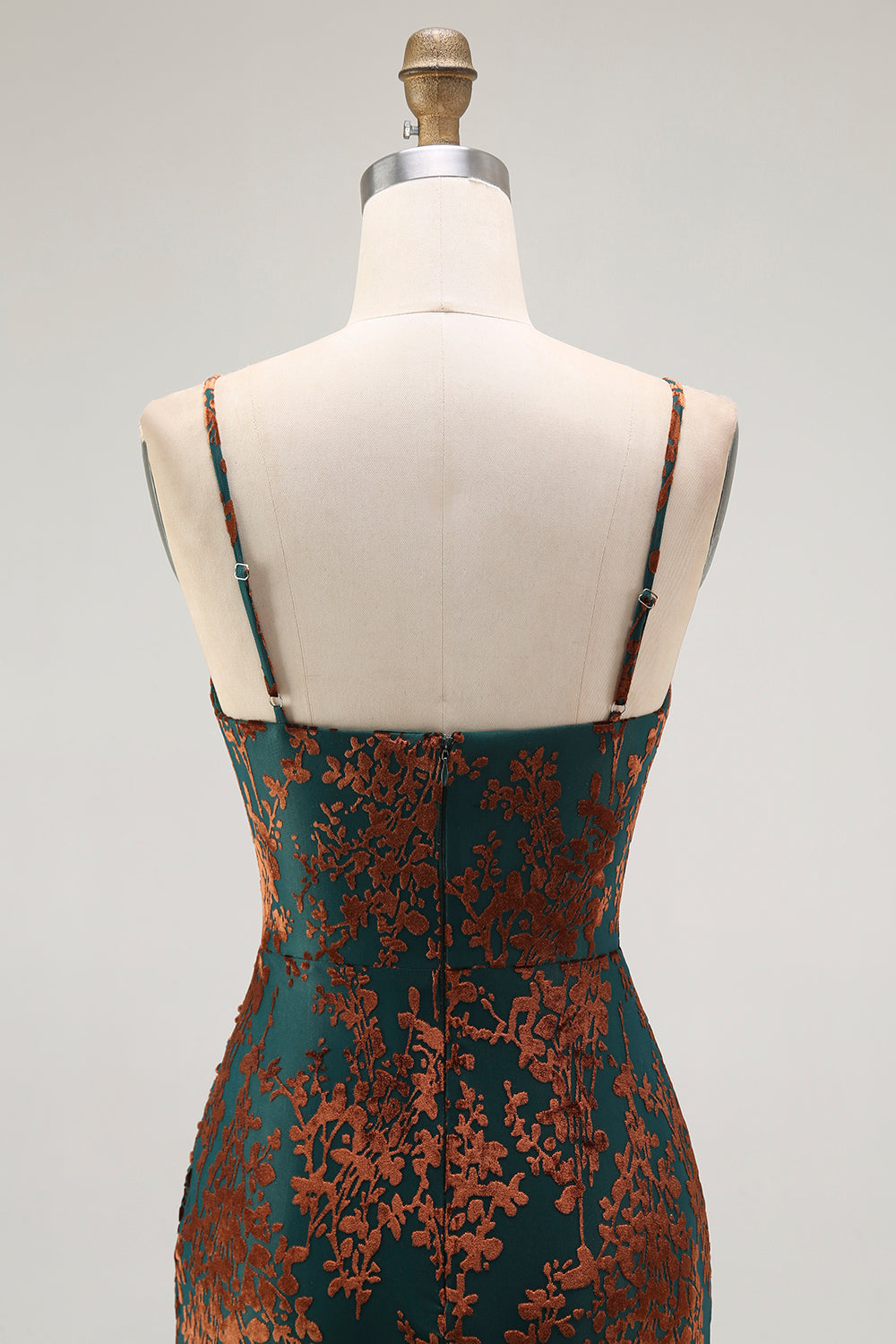 Dark Green Sheath Spaghetti Straps Velvet Burnout Maxi Dress with Slit