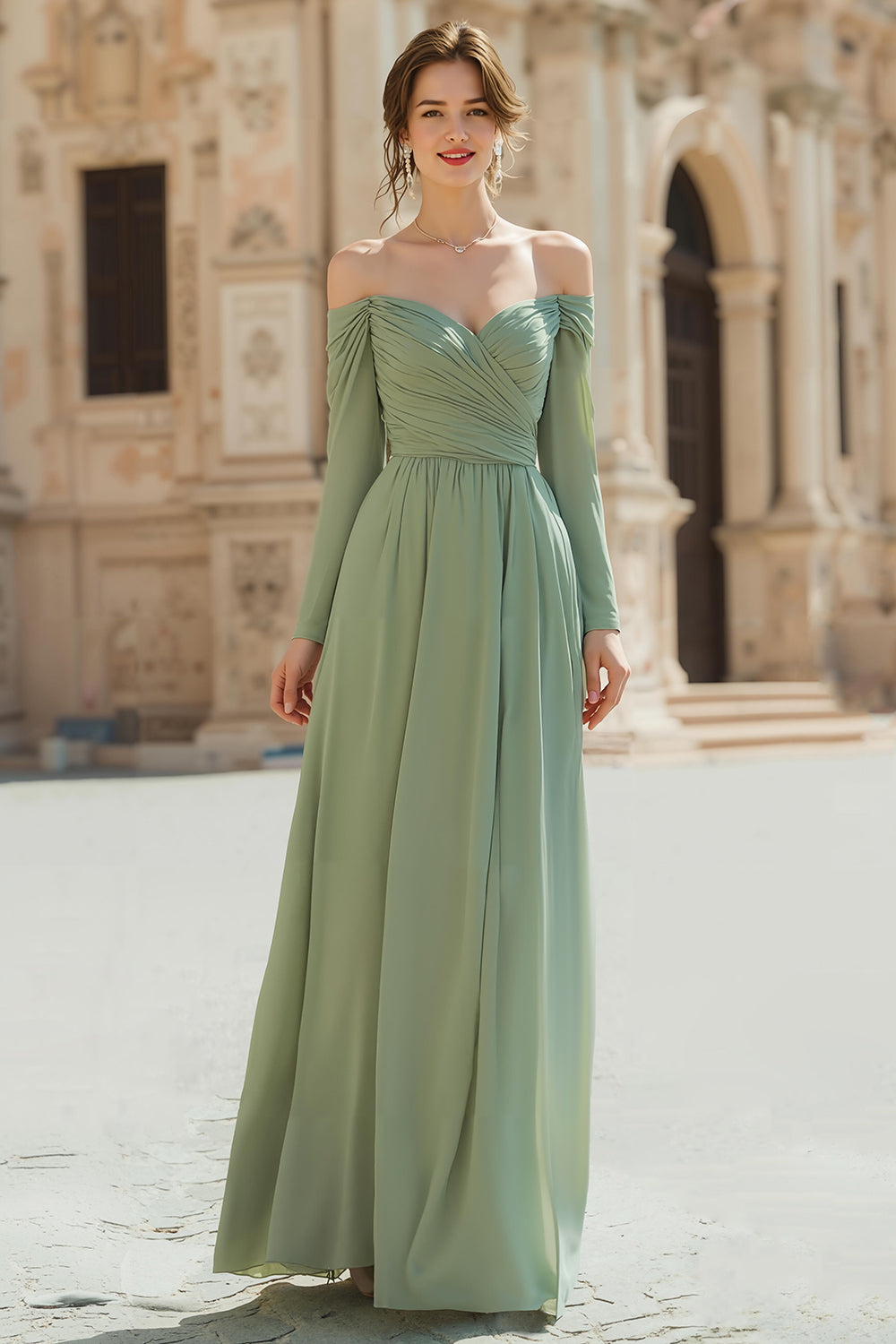 Sage Green Chiffon A Line Off The Shoulder Long Sleeves Bridesmaid Dress