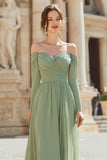 Sage Green Chiffon A Line Off The Shoulder Long Sleeves Bridesmaid Dress
