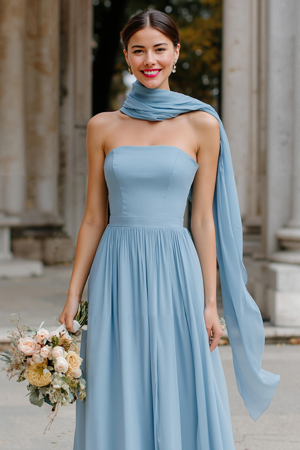 Dusty Blue Chiffon Neck Scarf A Line Strapless Long Bridesmaid Dress