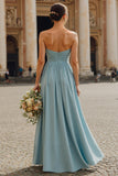 Dusty Blue A Line Chiffon Strapless Neck Scarf Long Bridesmaid Dress