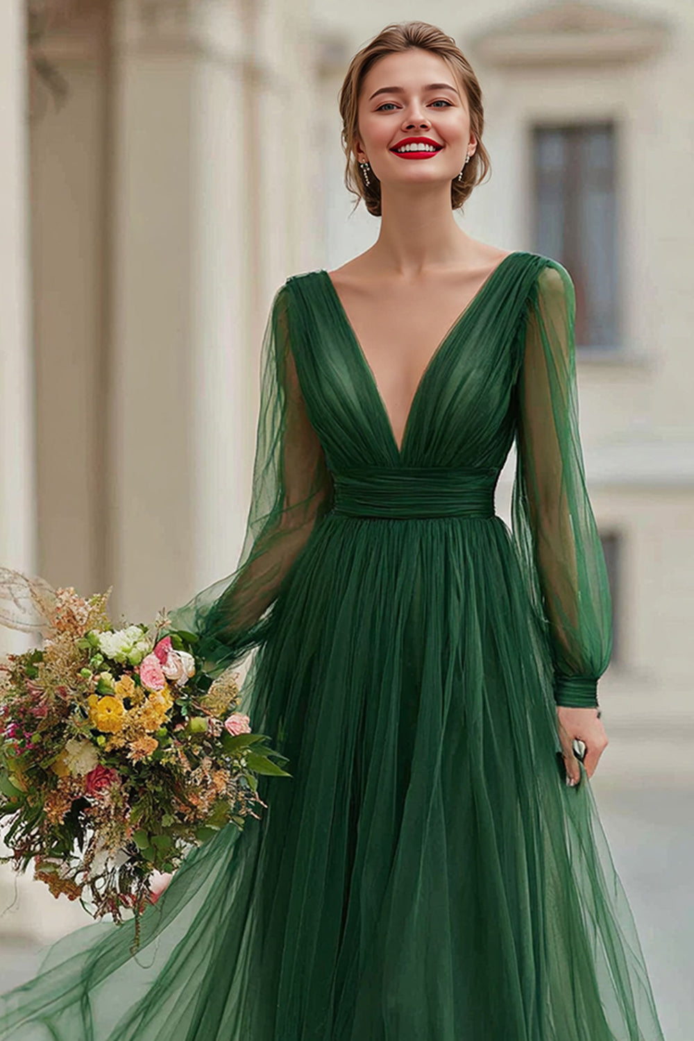 Dark Green Tulle A Line Pleated Long Sleeves Bridesmaid Dress