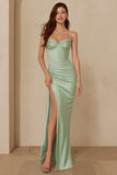 Dusty Sage Satin Sheath Spaghetti Straps Long Bridesmaid Dress with Slit