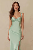 Dusty Sage Sheath Satin Thick Straps Long Bridesmaid Dress with Slit