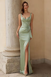 Dusty Sage Satin Sheath Ruched Long Bridesmaid Dress with Slit