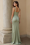 Dusty Sage Satin Sheath Ruched Long Bridesmaid Dress with Slit