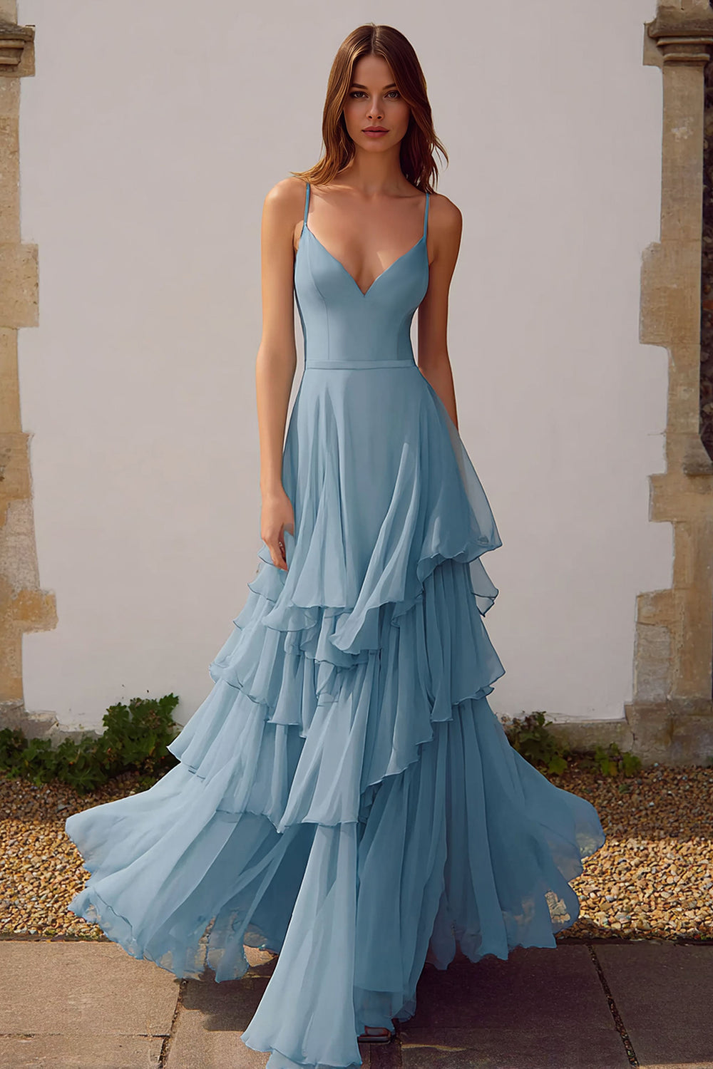 Dusty Blue A Line Chiffon Spaghetti Straps Long Bridesmaid Dress with Ruffles