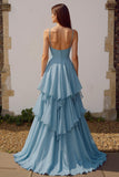 Dusty Blue A Line Chiffon Spaghetti Straps Long Bridesmaid Dress with Ruffles