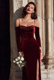 Burgundy Velvet Cold Shoulder Sheath Long Sleeves Bridesmaid Dress with Slit