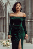 Pine Velvet Off The Shoulder Sheath Long Bridesmaid Dress with Sleeves