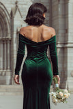Pine Velvet Off The Shoulder Sheath Long Bridesmaid Dress with Sleeves