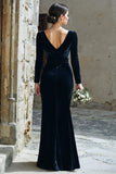 Navy Sheath Velvet V-Neck Long Sleeves Bridemaid Dress with Slit