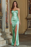 Mint Green Satin Ruched Sweetheart Long Bridesmaid Dress with Slit