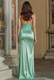 Mint Green Satin Ruched Sweetheart Long Bridesmaid Dress with Slit