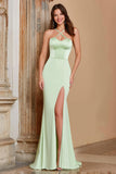 Dusty Sage Sheath Satin Criss Cross Front Long Bridesmaid Dress with Slit