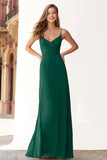 Dark Green Sheath Chiffon Spaghetti Straps Long Bridesmaid Dress