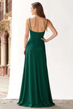 Dark Green Sheath Chiffon Spaghetti Straps Long Bridesmaid Dress