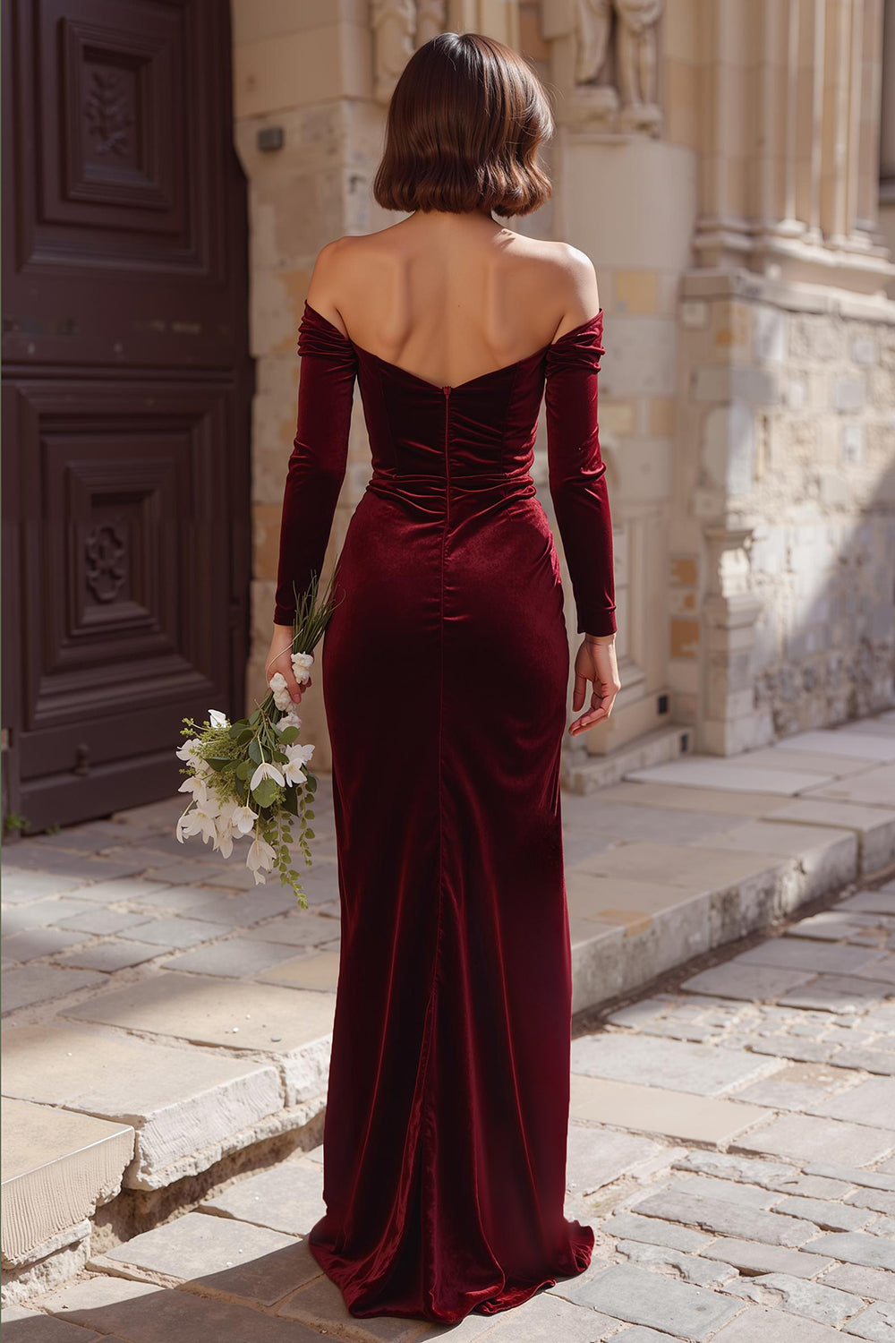 Burgundy Sheath Off the Shoulder Long Bridesmaid Dress with Slit