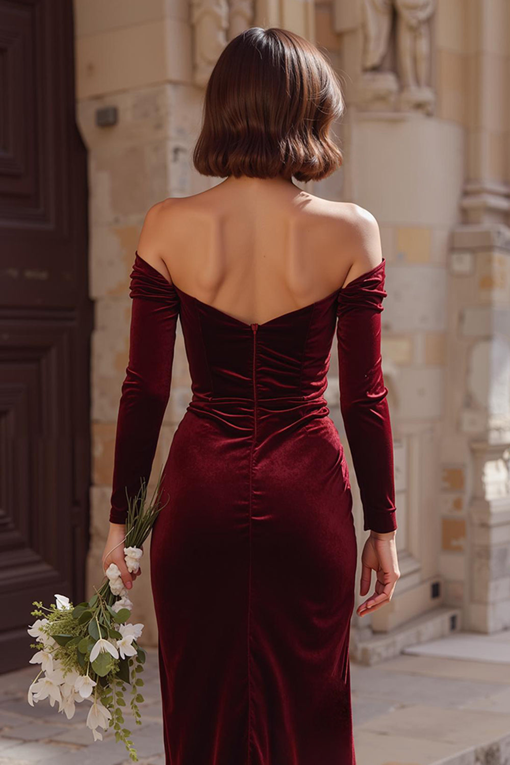 Burgundy Sheath Off the Shoulder Long Bridesmaid Dress with Slit