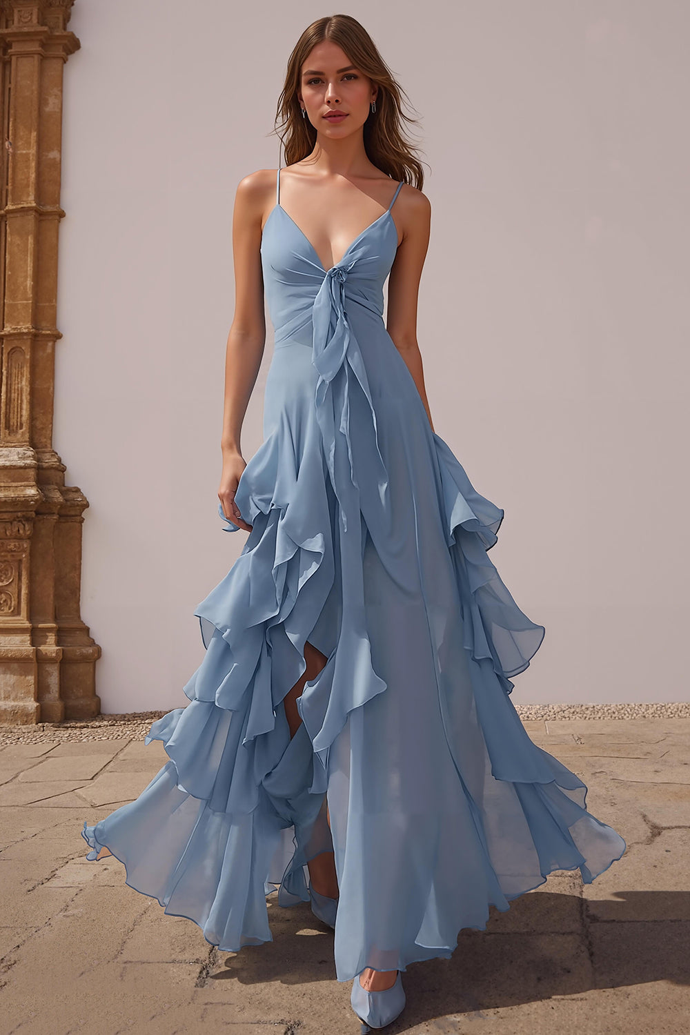 Dusty Blue A Line Ruffled Spaghetti Straps Long Bridesmaid Dress
