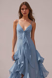 Dusty Blue A Line Ruffled Spaghetti Straps Long Bridesmaid Dress