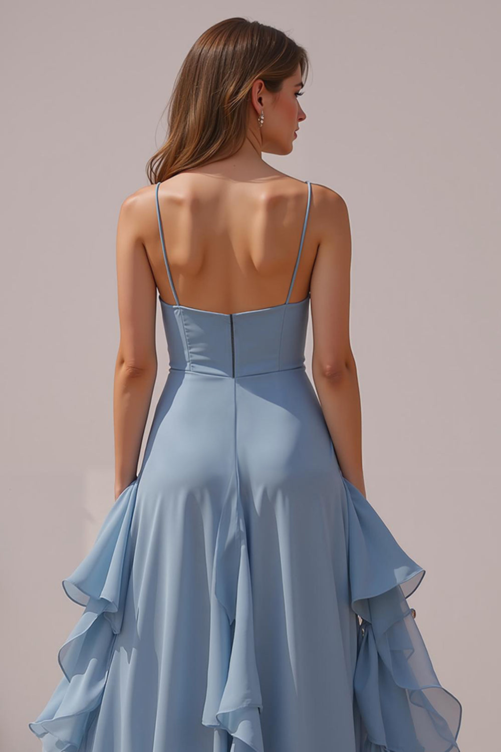 Dusty Blue A Line Ruffled Spaghetti Straps Long Bridesmaid Dress