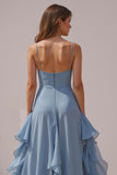 Dusty Blue A Line Ruffled Spaghetti Straps Long Bridesmaid Dress