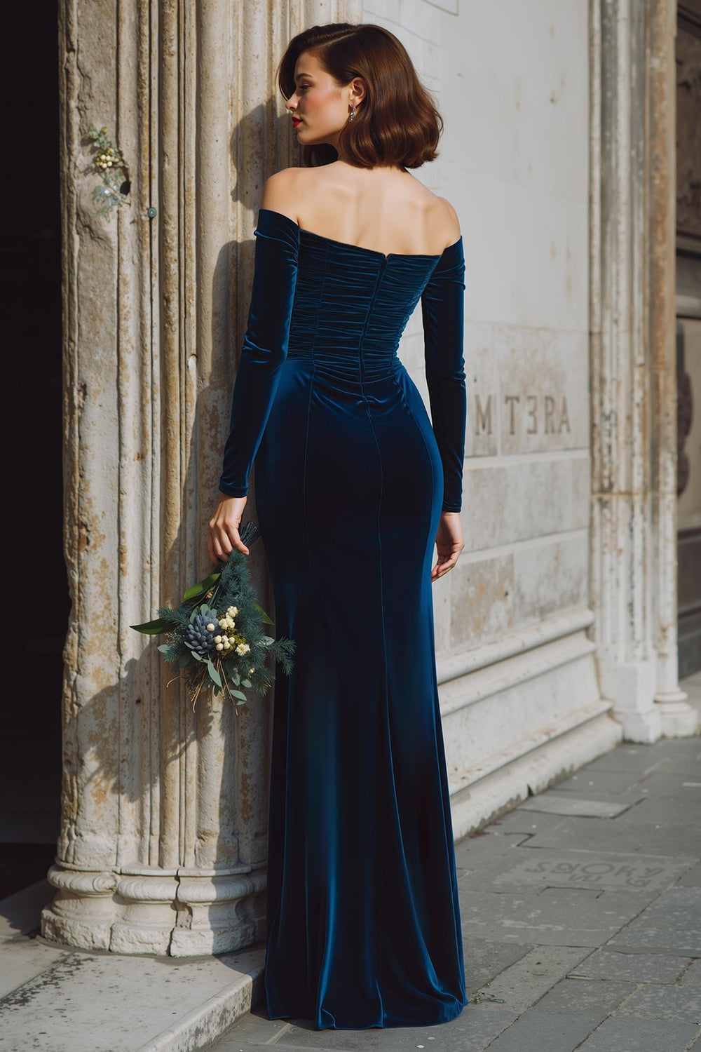 Dark Blue Ruched Mermaid Off the Shoulder Maxi Bridesmaid Dress with Slit