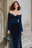 Dark Blue Ruched Mermaid Off the Shoulder Maxi Bridesmaid Dress with Slit