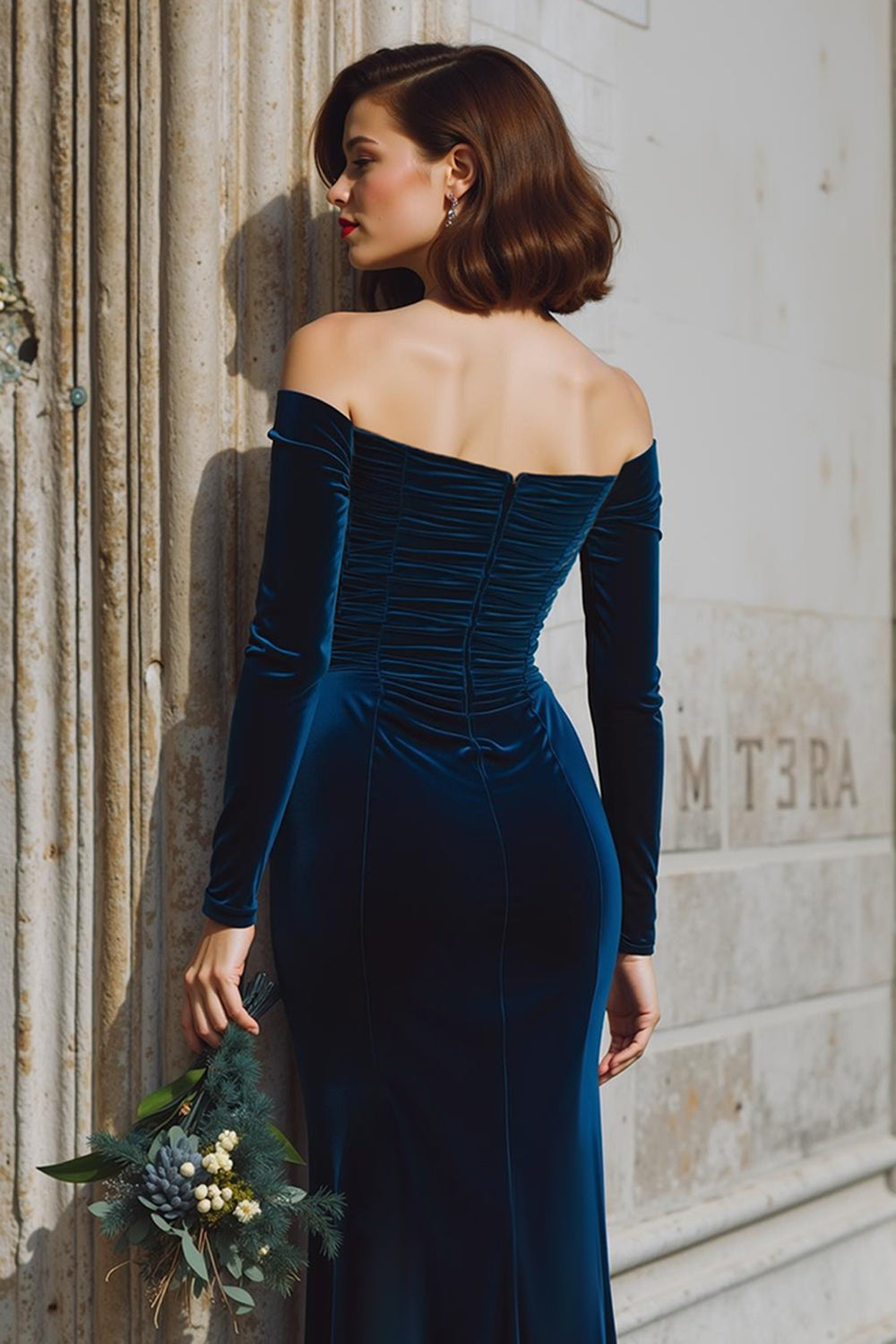 Dark Blue Ruched Mermaid Off the Shoulder Maxi Bridesmaid Dress with Slit