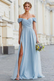 Sky Blue Off the Shoulder A Line Long Bridesmaid Dress with Slit