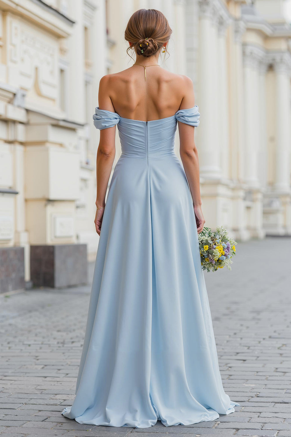 Sky Blue Off the Shoulder A Line Long Bridesmaid Dress with Slit