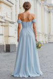 Sky Blue Off the Shoulder A Line Long Bridesmaid Dress with Slit
