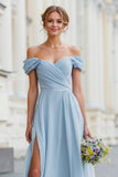 Sky Blue Off the Shoulder A Line Long Bridesmaid Dress with Slit