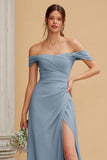 Dusty Blue Off the Shoulder Maxi A Line Bridesmaid Dress with Slit