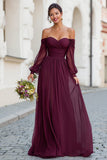 Cabernet A Line Long Off the Shoulder Bridesmaid Dress with Sleeves