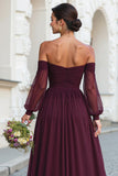 Cabernet A Line Long Off the Shoulder Bridesmaid Dress with Sleeves
